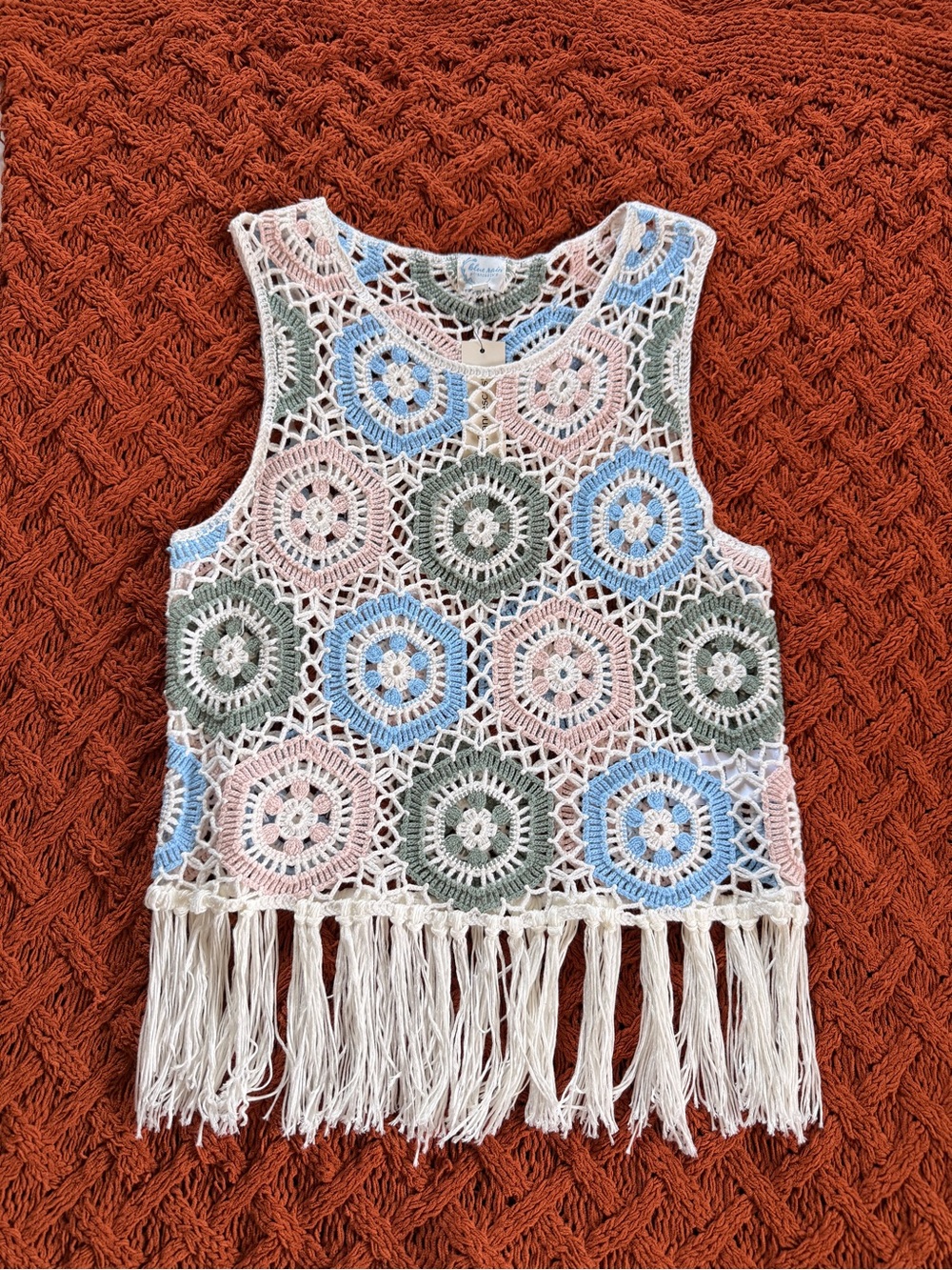 Francesca's Collections Crochet Fringe Tank - Cream, Blue, Green, Pink
